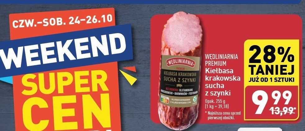 Kiełbasa krakowska z szynki sucha Wędliniarnia premium promocja w Aldi