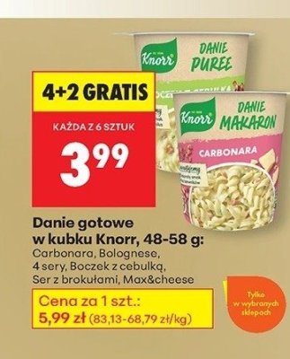 Danie gotowe w kubku Knorr 48-58g: Carbonara, Rosol, Czerw Boczek z cebulką, Serz brokuł, Maxcheese promocja w Biedronka