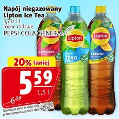 Napój niegazowany Lipton Ice Tea różne rodzaje Pepsi Cola General 1,5l promocja w Prim Market