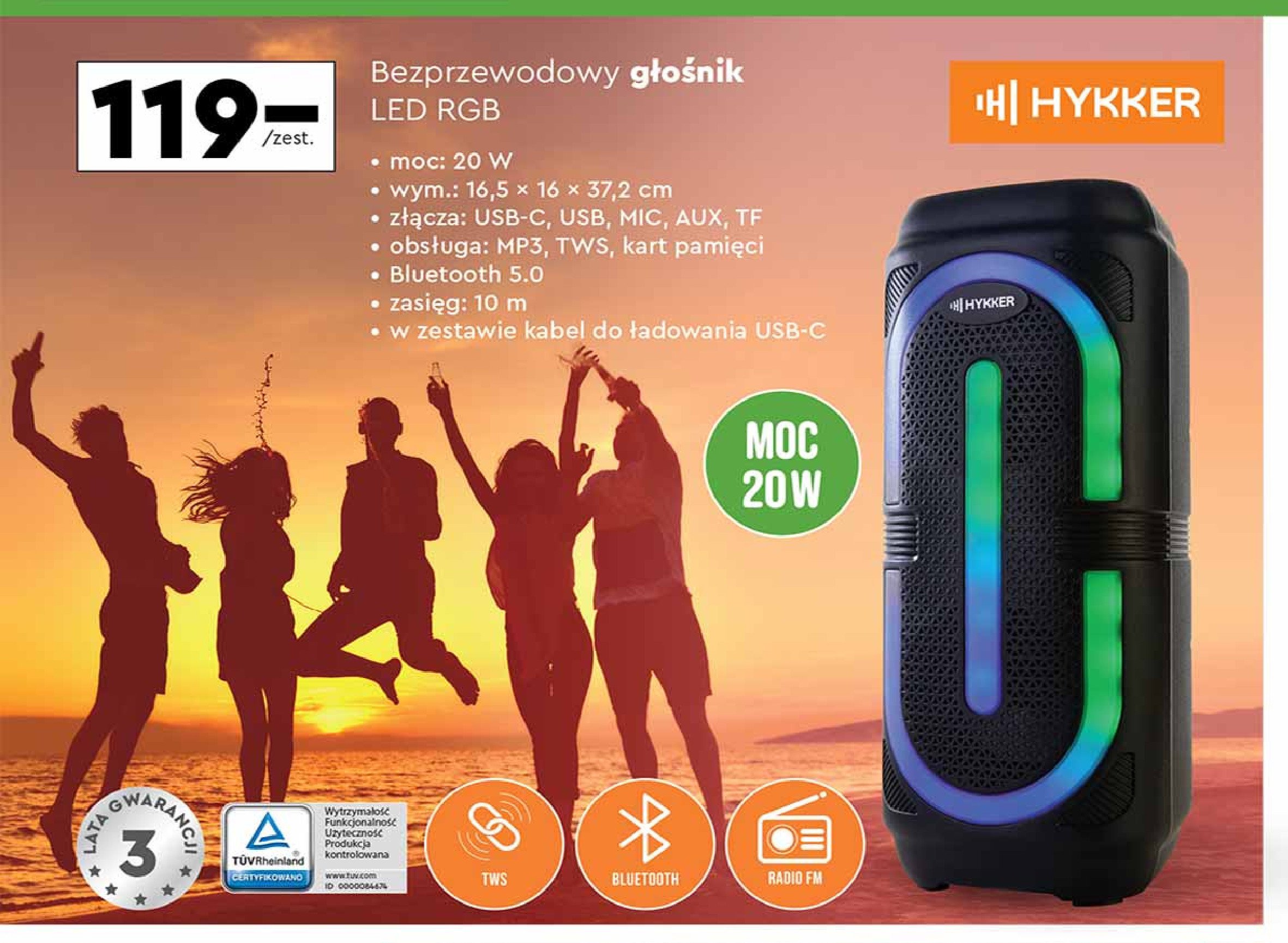 Głośnik led rgb 20w Hykker promocja