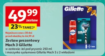 Zestaw prezentowy Mach 3 Gillette, w zestawie: żel pod prysznic 250 ml i maszynka systemowa Gillette Mach 3 z 2 wkładami promocja w Auchan