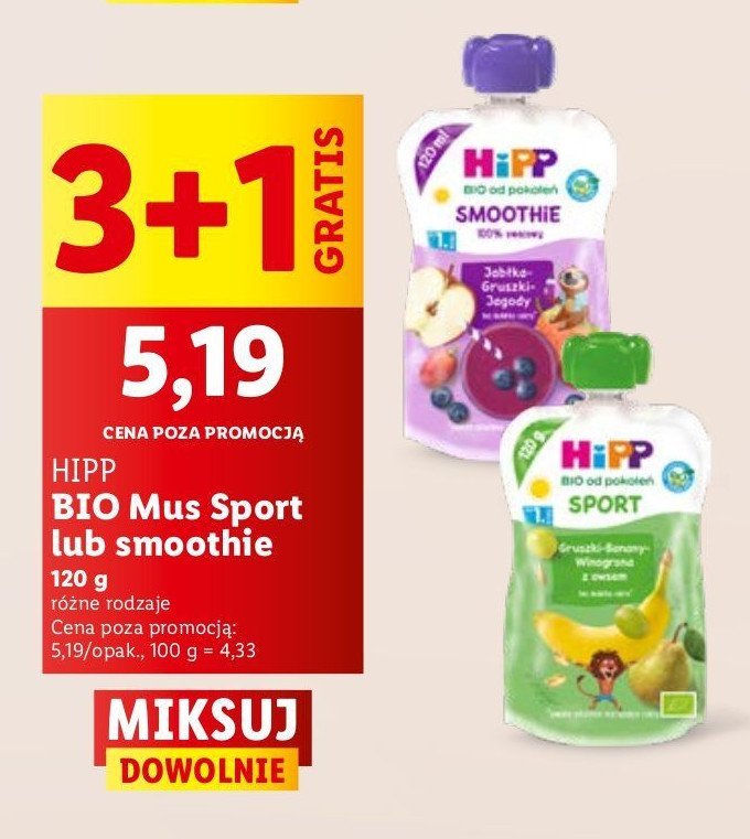 Mus gruszki-banany-winogrona z owsem HIPP BIO SPORT promocja