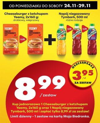 Zestaw: cheeseburger z ketchupem Yeemy drobiowy/wieprzowy + napój niegazowany Tymbark różne rodzaje 500 ml promocja w Biedronka