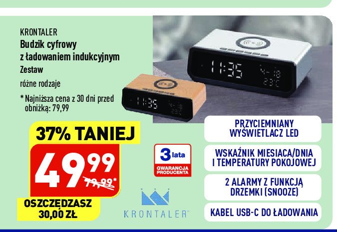 Budzik cyfrowy z 艂adowaniem indukcyjnym bia艂y Krontaler promocja