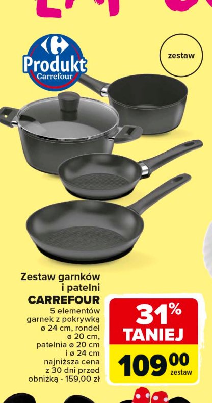 Zestaw: garnek z pokrywką 24 cm + rondel + patelnia 20 cm + patelnia 24 cm Carrefour promocja