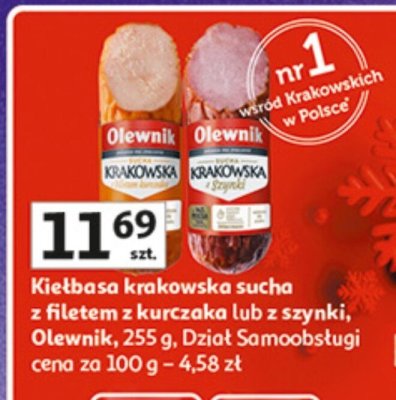 Kiełbasa krakowska sucha z filetem z kurczaka lub z szynki Olewnik 240-265 g promocja w Auchan