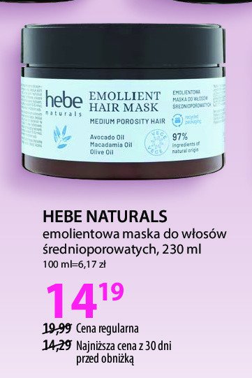 Emolientowa maska do włosów średnioporowatych HEBE NATURALS promocja w Hebe