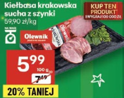 Kiełbasa krakowska sucha z szynki promocja w Delikatesy Centrum