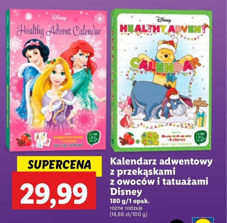 Kalendarz adwentowy z owocowymi przekaskami i tatuażami disney promocja