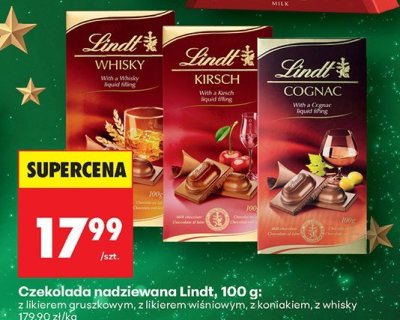 Czekolada nadziewana Lindt, 100 g: z likierem gruszkowym, z likierem wiśniowym, z koniakiem, z whisky promocja w Biedronka