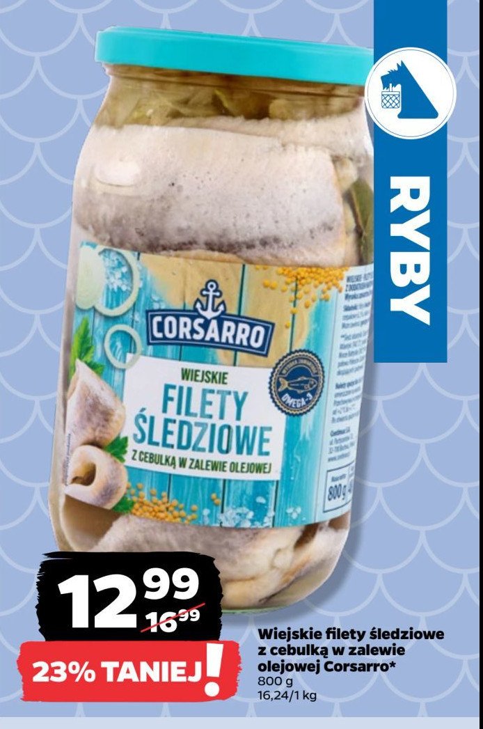 Filety śledziowe wiejskie z cebulką w zalewie olejowej Corsarro promocja w Netto