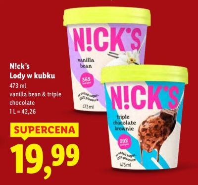 Lody w kubku vanilla bean & triple chocolate Nick's promocja w Lidl