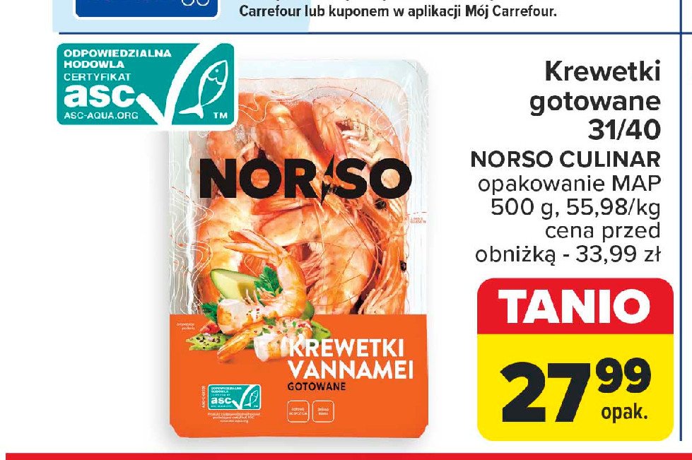 Krewetki gotowane vannamei Norso promocja w Carrefour Market