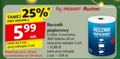 Ręcznik papierowy 1 rolka, 2 warstwy, 300 listków, 60 m promocja w Auchan