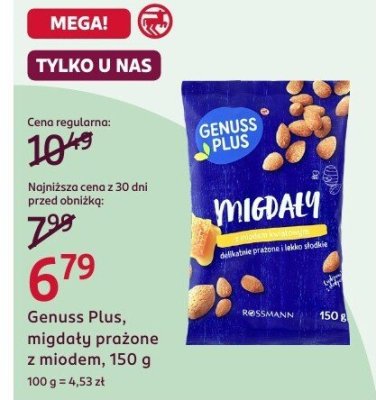 Migdały prażone z miodem Genuss Plus, 150 g promocja w Rossmann