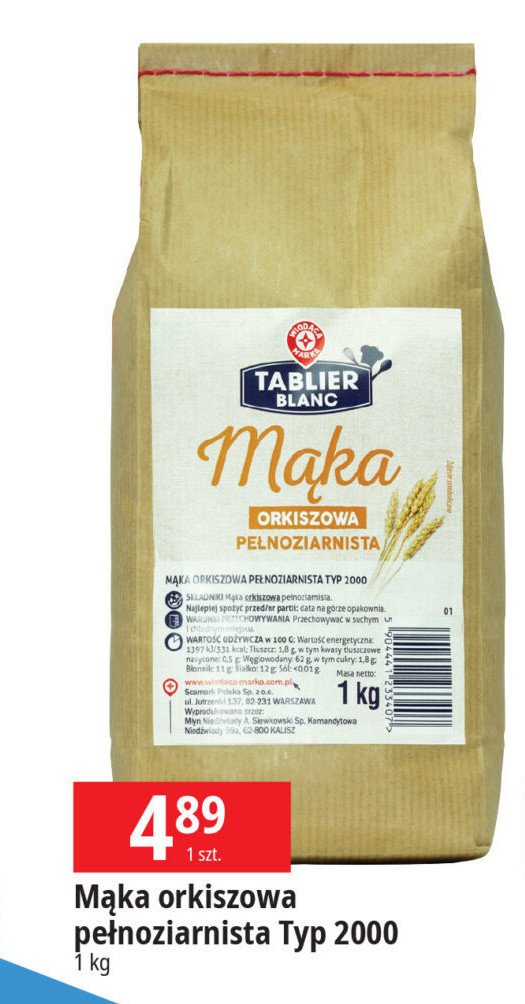 Mąka orkiszowa Wiodąca marka tablier blanc promocja