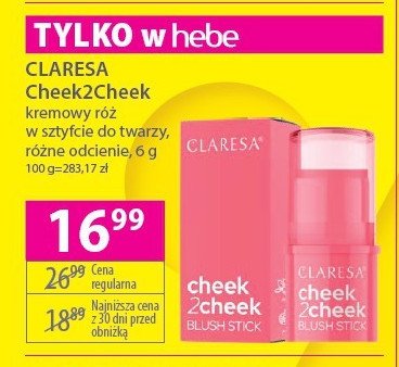 Kremowy róż do policzków w sztyfcie 02 neon coral Claresa cheek2cheek promocja