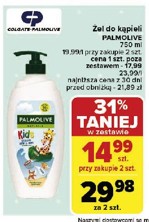 Żel pod prysznic i do kąpieli dla dzieci żyrafa Palmolive naturals promocja w Carrefour Market