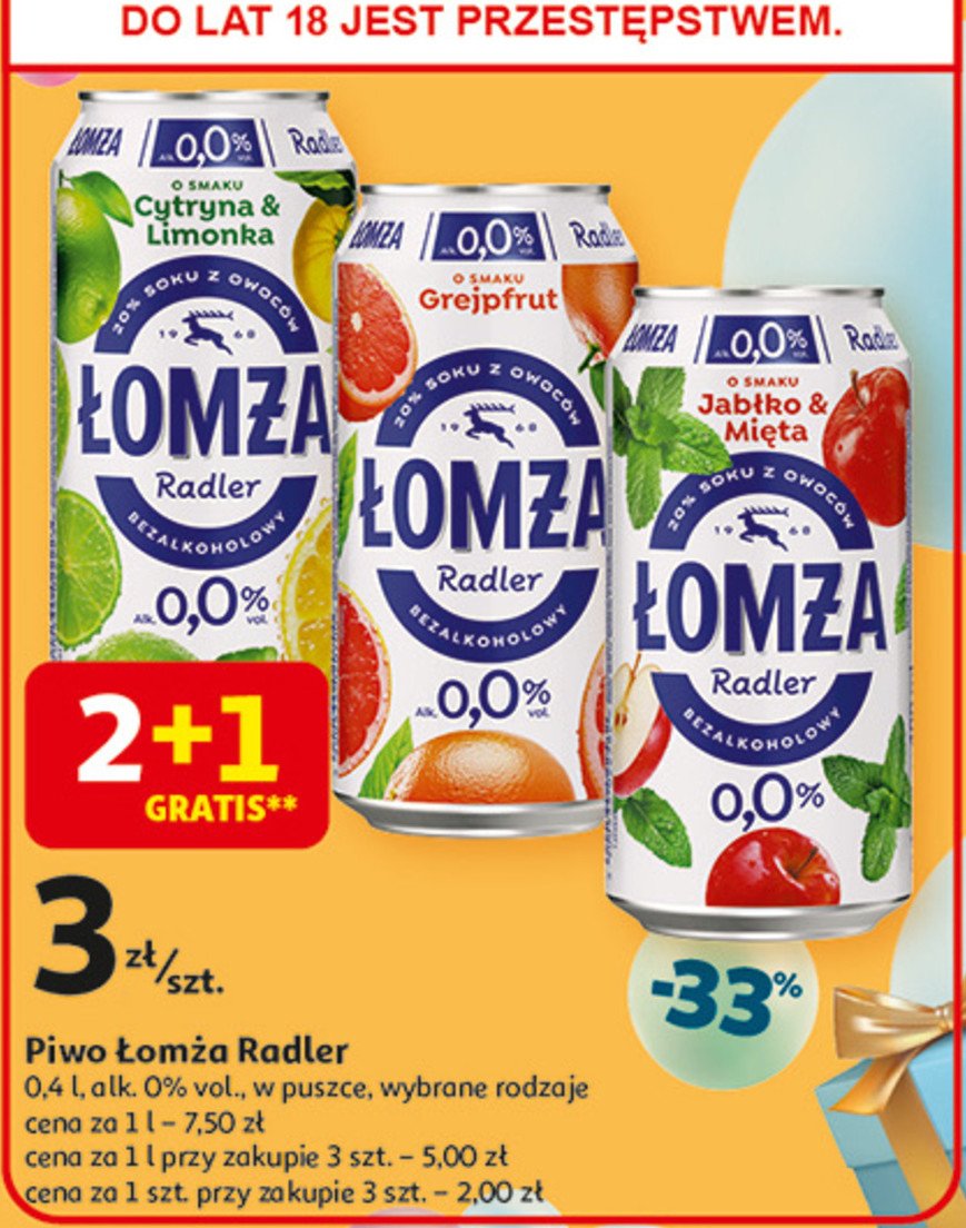 Piwo ŁOMŻA RADLER 0.0% GREJPFRUT promocja w Auchan