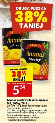 Ananas plastry w lekkim syropie MK, 565 g / 340 g promocja w Twój Market