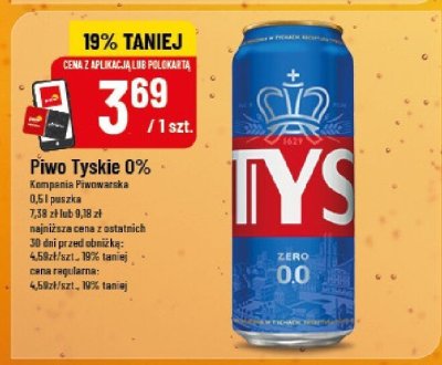 Piwo Tyskie 0% 0,5l puszka promocja w POLOmarket