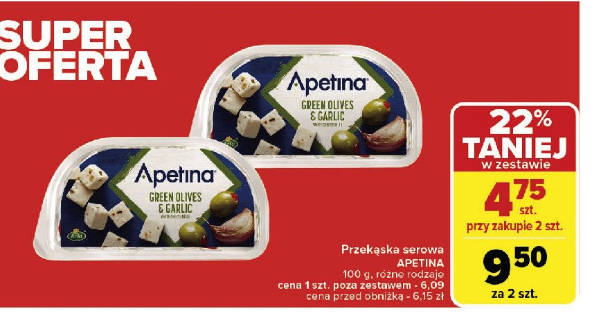 Koreczki serowe z zielonymi oliwkami i czosnkiem Arla apetina snack promocja w Carrefour Market