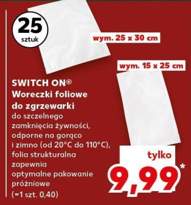 Woreczki foliowe do zgrzewarek do szczelnego zamknięcia żywności, odporne na gorąco i zimno (od 20°C do 110°C), folia strukturalna zapewnia optymalne pakowanie próżniowe SWITCH ON wym. 25 x 30 cm 25 sztuk promocja w Kaufland