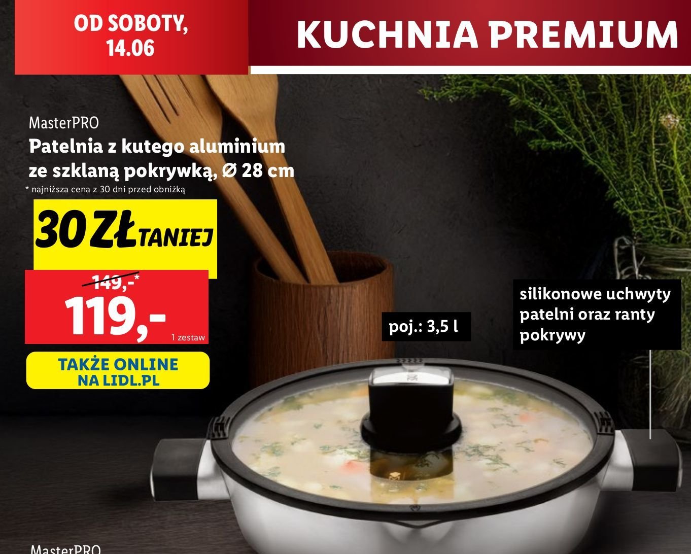 Patelnia aluminiowa ze szklaną pokrywka 28 cm 3.5 l Masterpro promocja w Lidl