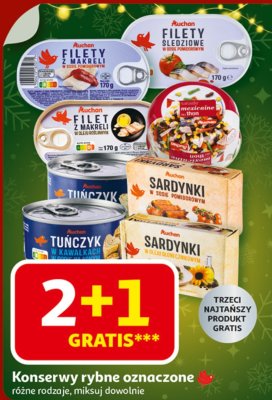 Konserwy rybne oznaczone różne rodzaje, miksuj dowolnie - filety śledziowe, tuńczyk, sardynki promocja w Auchan