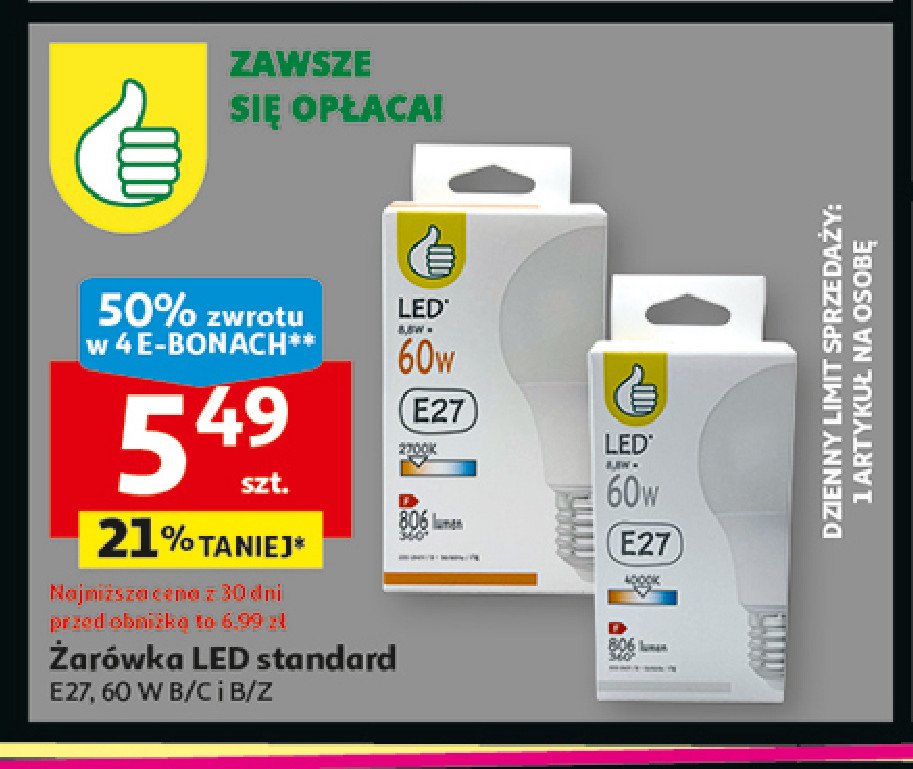 Żarówka led e27 60w Podniesiony kciuk promocja w Auchan