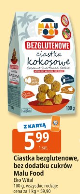 Ciastka bezglutenowe, bez dodatku cukr贸w Malu Food Eko Wital promocja w Leclerc