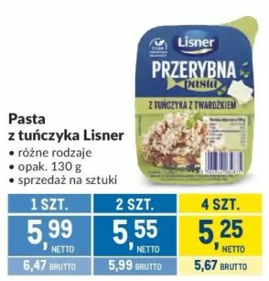 Pasta z tuńczyka Lisner różne rodzaje promocja w Makro