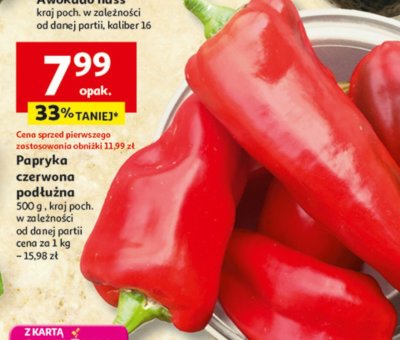 Papryka czerwona podłużna, 500 g, kraj poch. w zależności od danej partii, cena za 1 kg - 15,98 zł promocja w Auchan