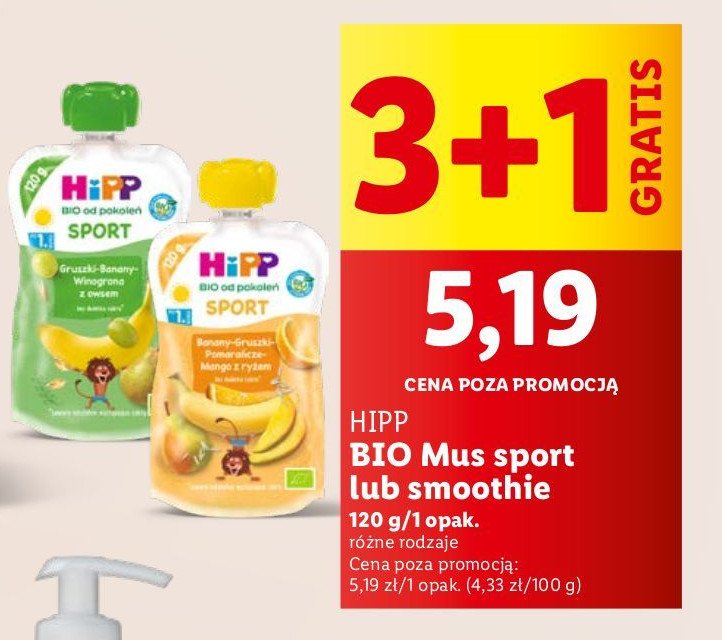 Mus gruszki-banany-pomarańcze-mango z ryżem Hipp hippis sport promocja