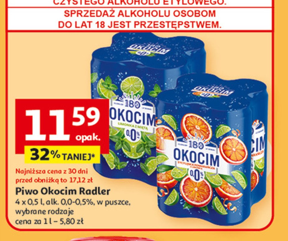 Piwo Okocim radler pomarańcza sycylijska z limonką 0% promocja w Auchan