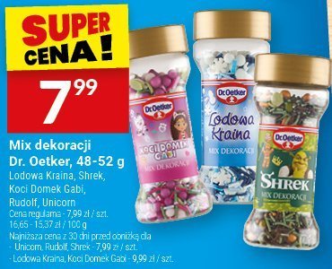 Mix dekoracji Dr. Oetker, różne rodzaje (Lodowe Kraina, Shrek, Koci Domek Gabi, Rudolf, Unicorn) promocja w Twój Market