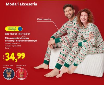 Piżama damska lub męska Esmara z bawełny z motywem świątecznym promocja w Lidl