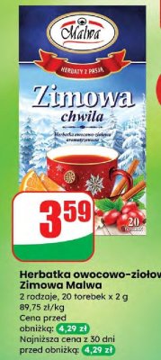 Herbatka owocowo-ziołowa Zimowa Chwila 2 rodzaje promocja w Dino
