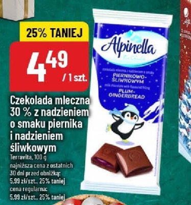 Czekolada mleczna 30% z nadzieniem o smaku piernika i nadzieniem śliwkowym Alpinella promocja w POLOmarket
