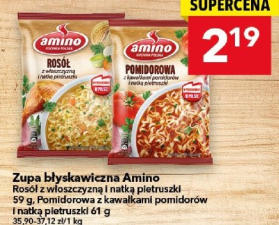 Zupa błyskawiczna Amino Rosół z włoszczyzną i natką pietruszki 59 g, Pomidorowa z kawałkami pomidorów i natką pietruszki 61 g promocja w LEWIATAN