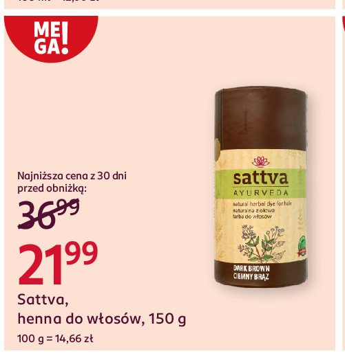 Henna do włosów dark brown Sattva ayurveda promocja w Rossmann