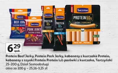 Protein Beef Jerky, Protein Pork Jerky, kabanosy z kurczaka Protein, kabanosy z szynki Protein Protein lub parówki z kurczaka Tarczyński promocja w Auchan