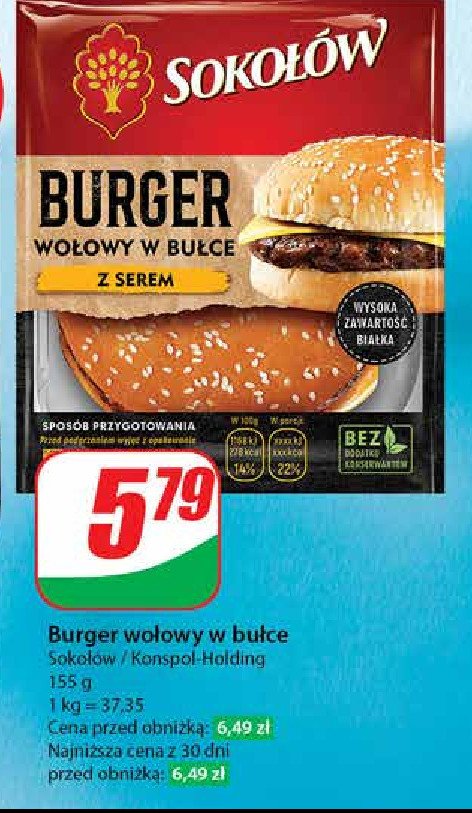 Burger wołowy w bułce  z serem Sokołów promocja