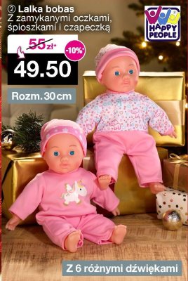 Lalka bobas Happy People z zamykanymi oczkami, śpioszkami i czapeczką promocja w Woolworth