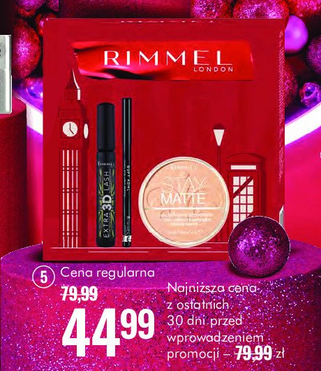 Zestaw w pudełku puder stay matte 001 transparent 14 g + tusz do rzęs extra 3d lash + kredka do oczu soft kohl 061 jet black Rimmel zestaw promocja w Super-Pharm