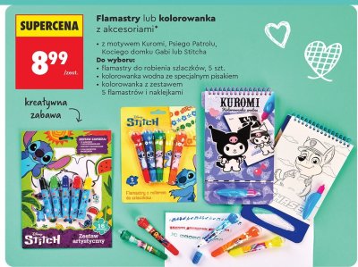 Flamastry lub kolorowanka z akcesoriami Kuromi, Psiego Patrolu, Kociego domku Gabi lub Stitcha promocja w Biedronka