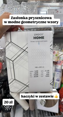Zasłonka prysznicowa w geometryczne wzory z haczykami 180x200 cm promocja w Pepco