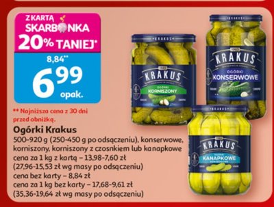 Ogórki Krakus 500-920 g (250-460 g po odsączeniu), konserwowe, korniszony, korniszony z czosnkiem lub kanapkowe promocja w Auchan