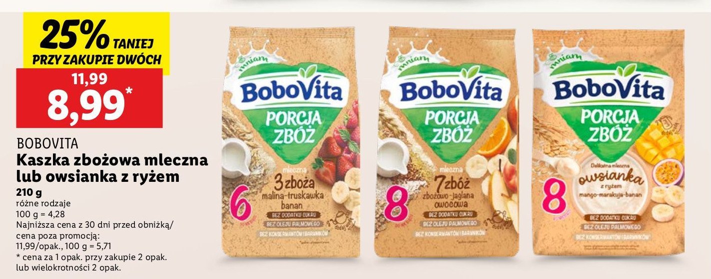 Kaszka mleczna 3 zboża malina-truskawka-banan Bobovita porcja zbóż promocja