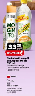 Gin Lubuski + napój Schweppes Mojito 850 ml passionfruit promocja w Netto